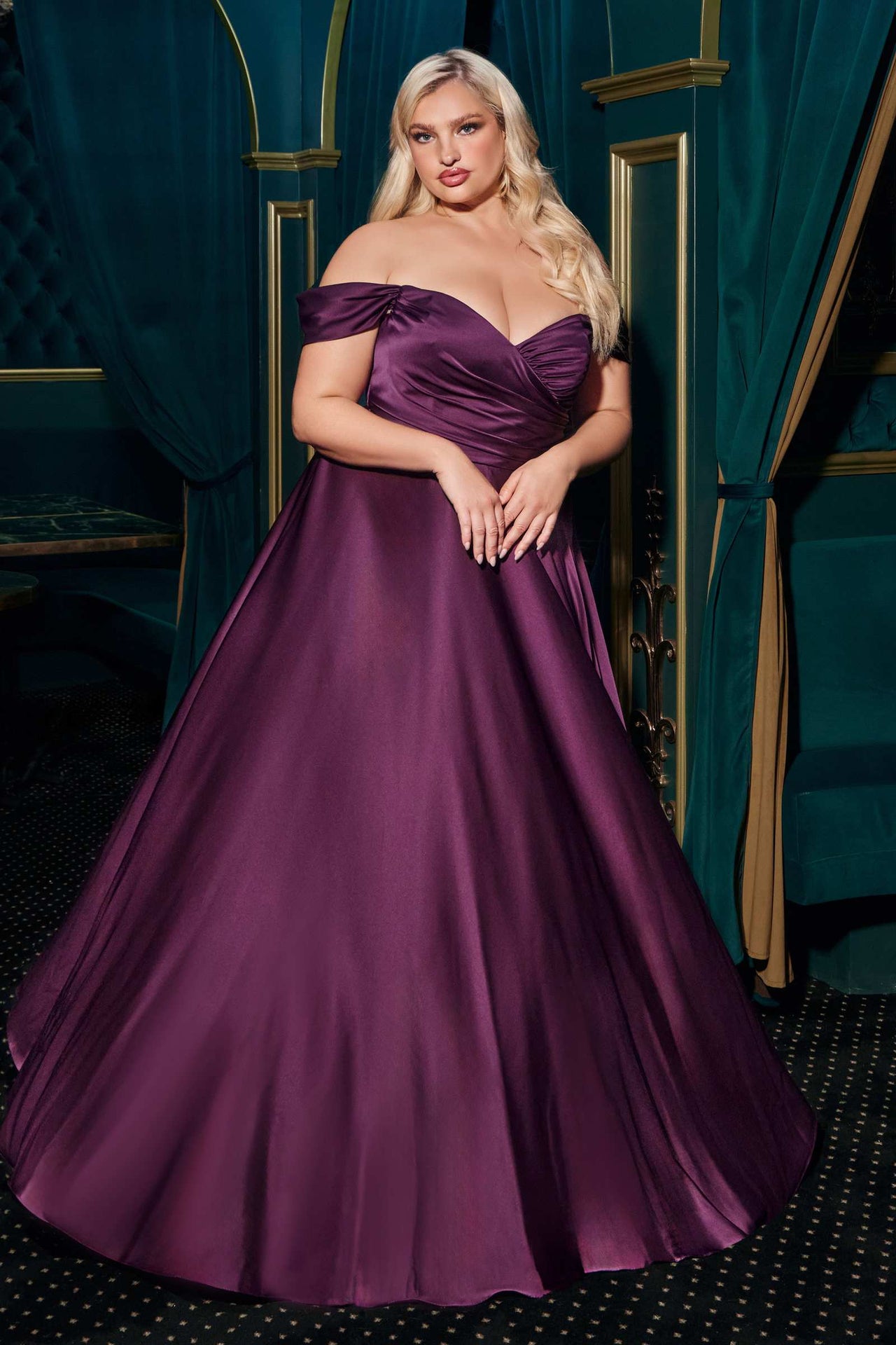 Cinderella Divine 7493C Long Plus Size A-Line Off the Shoulder Satin Dress