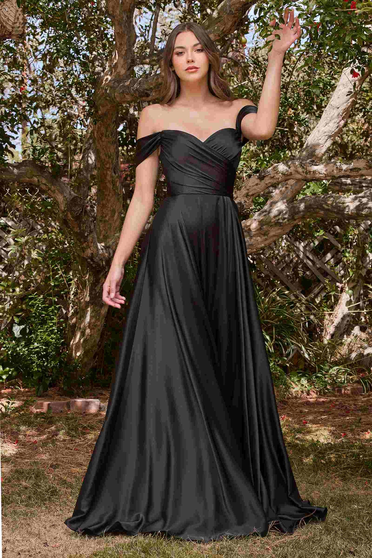 Cinderella Divine 7493C Long Plus Size A-Line Off the Shoulder Satin Dress