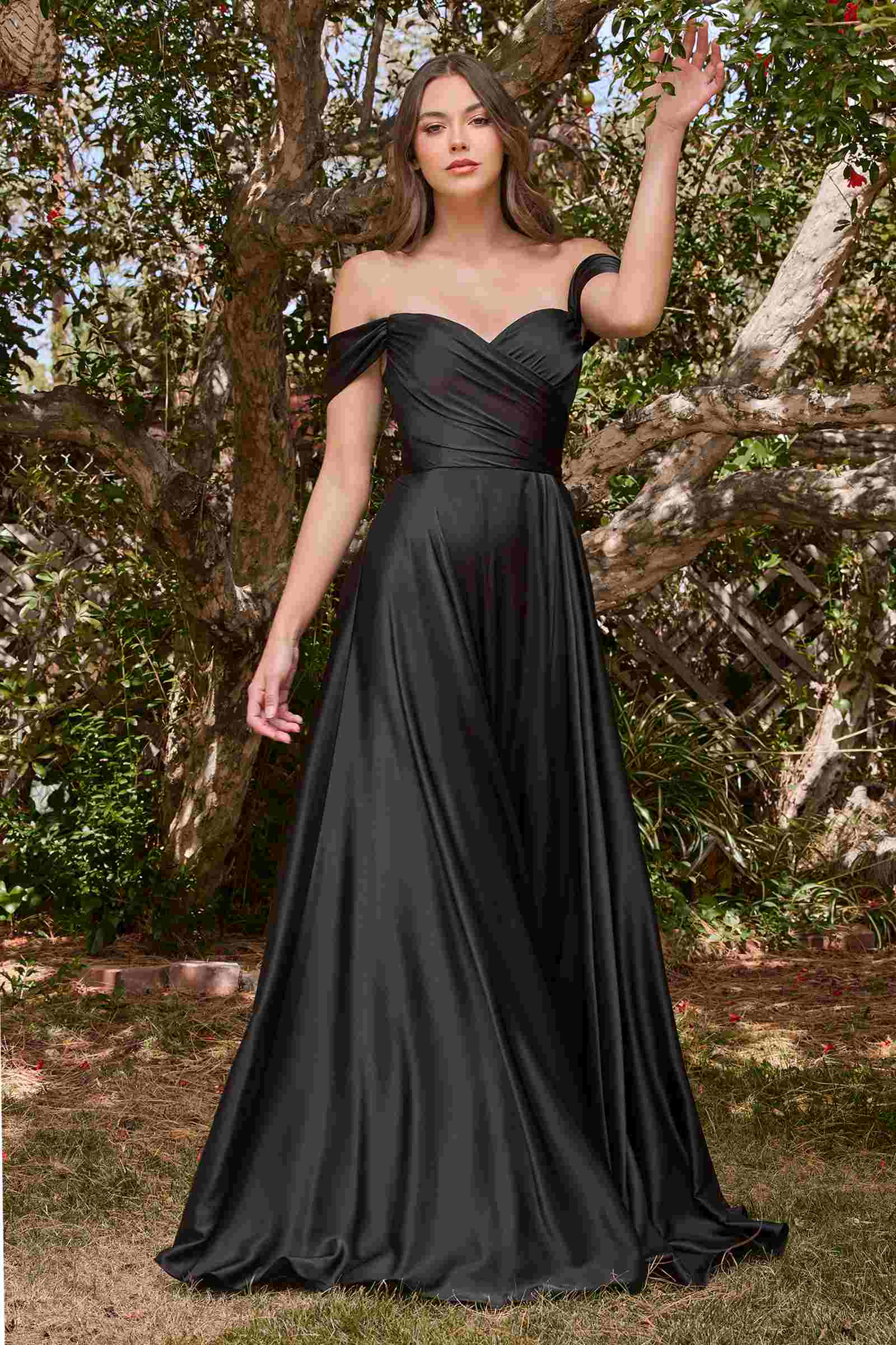 Cinderella Divine 7493C Long Plus Size A-Line Off the Shoulder Satin Dress