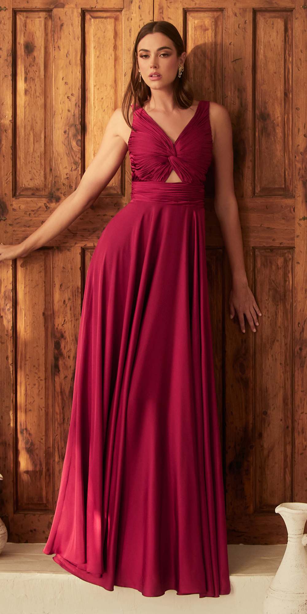 Ladivine 7497 Long A-Line Satin Keyhole Twisted Bodice Formal Gown