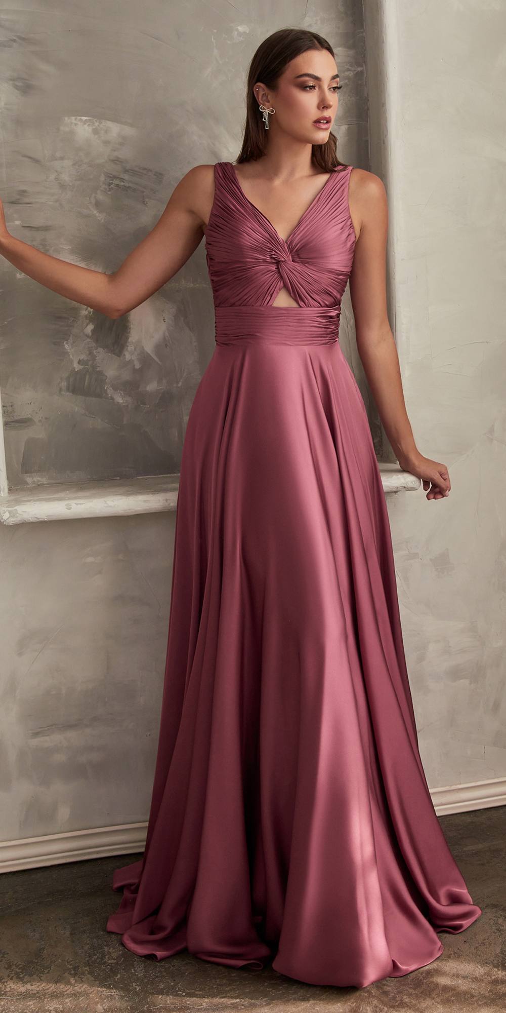 Ladivine 7497 Long A-Line Satin Keyhole Twisted Bodice Formal Gown