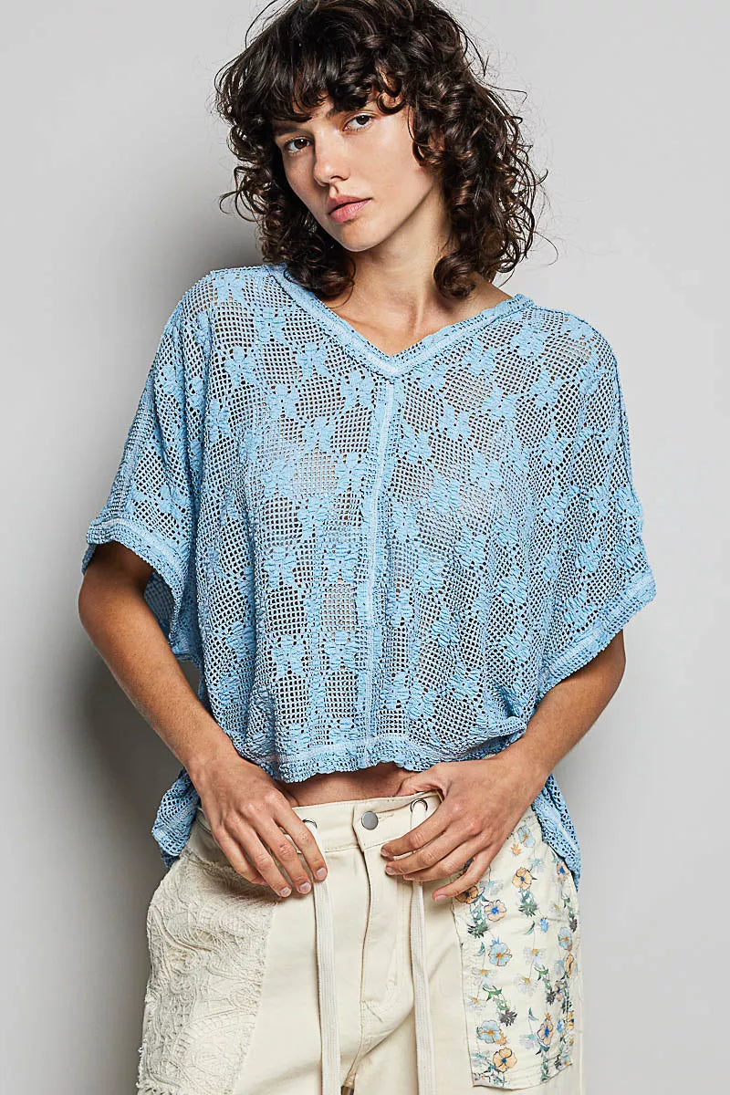 POL Crochet Lace Short Sleeve Top