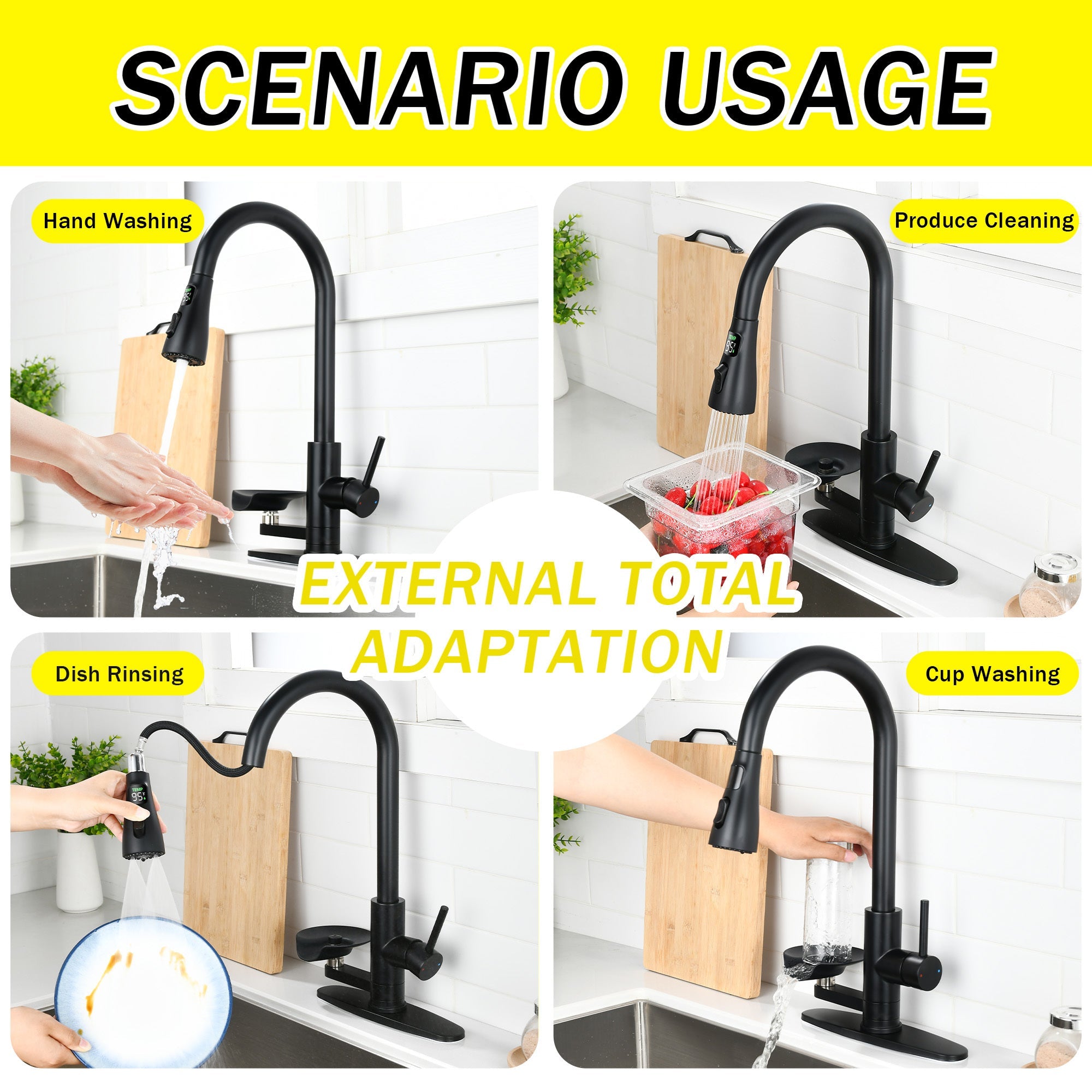 3-in-1 Matte Black Kitchen Faucet with LED Temperature Display, Press-Type Glass Rinser, Pull-Down Sprayer, 3 Spray Modes