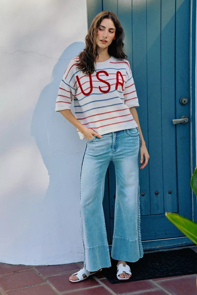 SO ME Usa Stripe Knit Short Sleeves Sweater Top