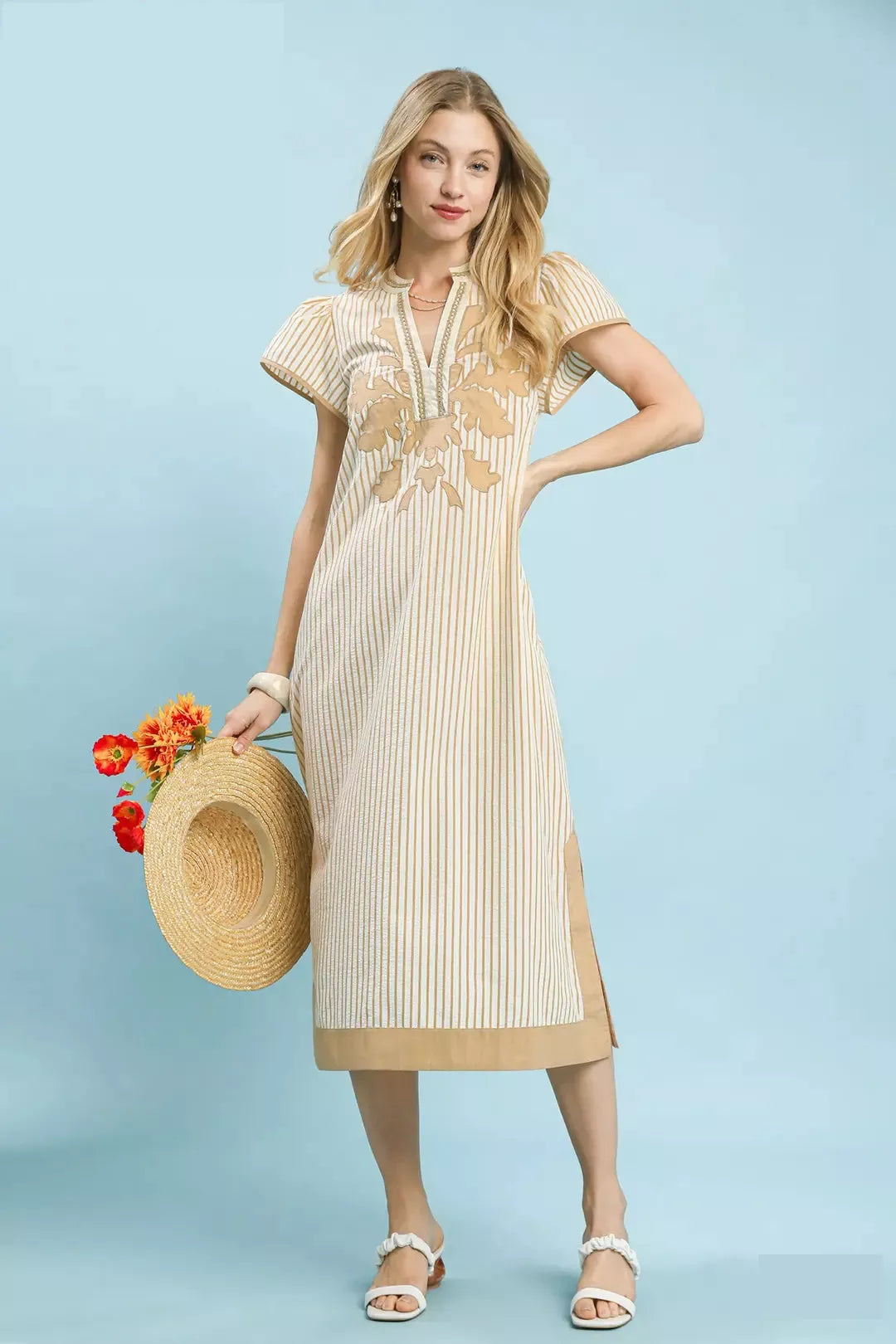 Umgee Stripe Midi Dress with Lace Trim