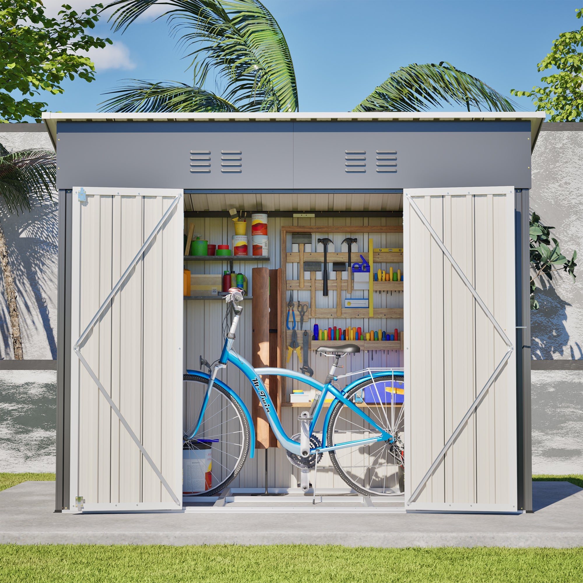 4x8 Slope-Roof Reinforced Storage Shed with Weatherproof Sloping Roof & 4 Air Vents, Heavy-Duty Sturdy Metal Frame, Left/Right Optional Door, Outdoor Tool Shed Warehouse for Garden Storage Pet House