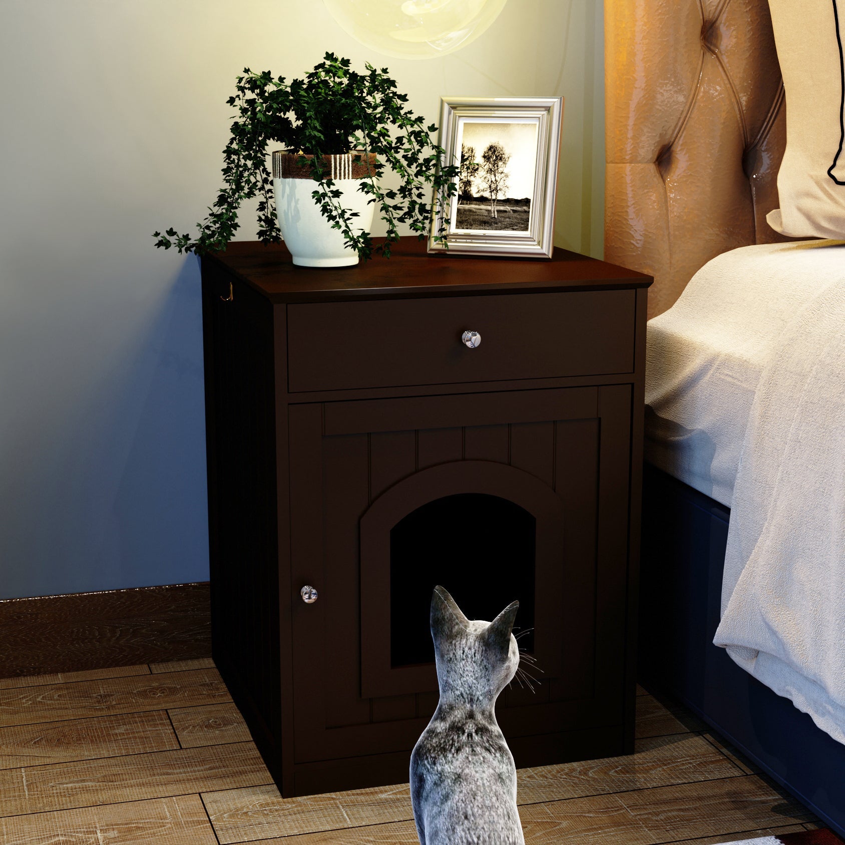 Brown Wooden Pet House Cat Litter Box Enclosure with Drawer, Side Table, Indoor Pet Crate, Cat Home Nightstand