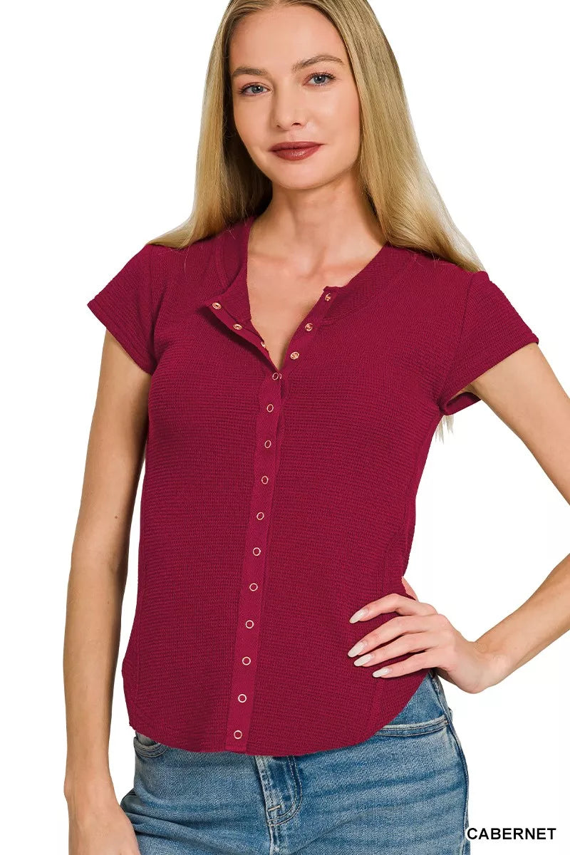 Zenana Double Knit Snap Button Short Sleeve Shirt