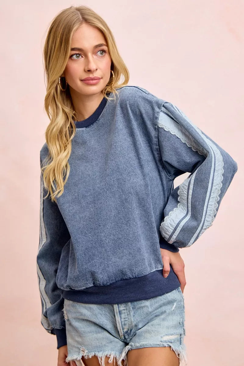 BiBi Washed Denim Lace Contrast Sided Sweatshirt