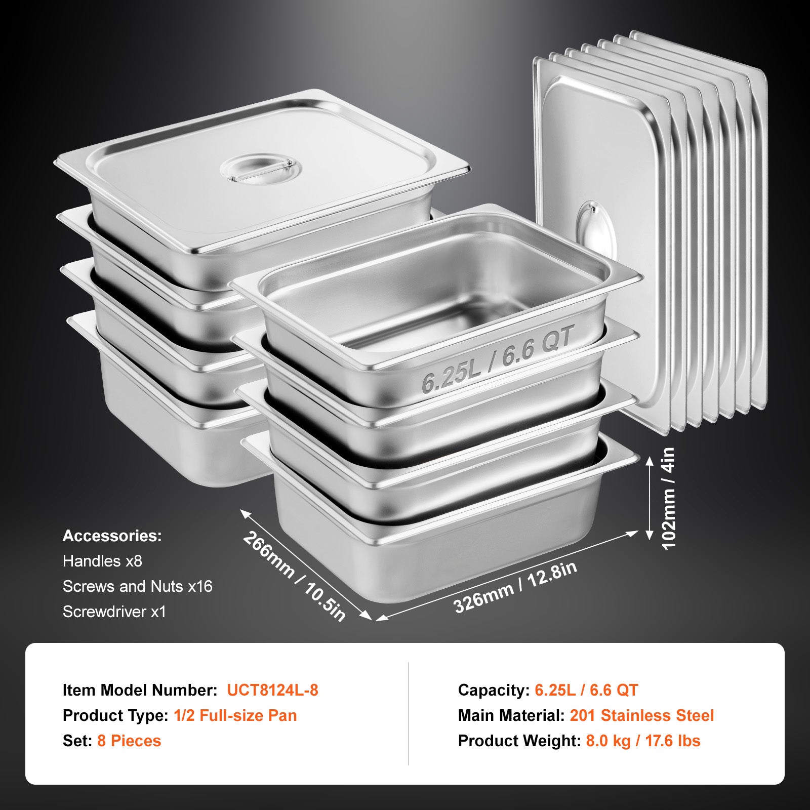 8 Pack Hotel Pans, 1/2 Size Anti-Jam Steam Pan with Lid, 0.8mm Thick Stainless Steel Steam Table Pan, 4-Inch Deep Commercial Table Pan, Catering Storage Food Pan, for Industrial & Scientific