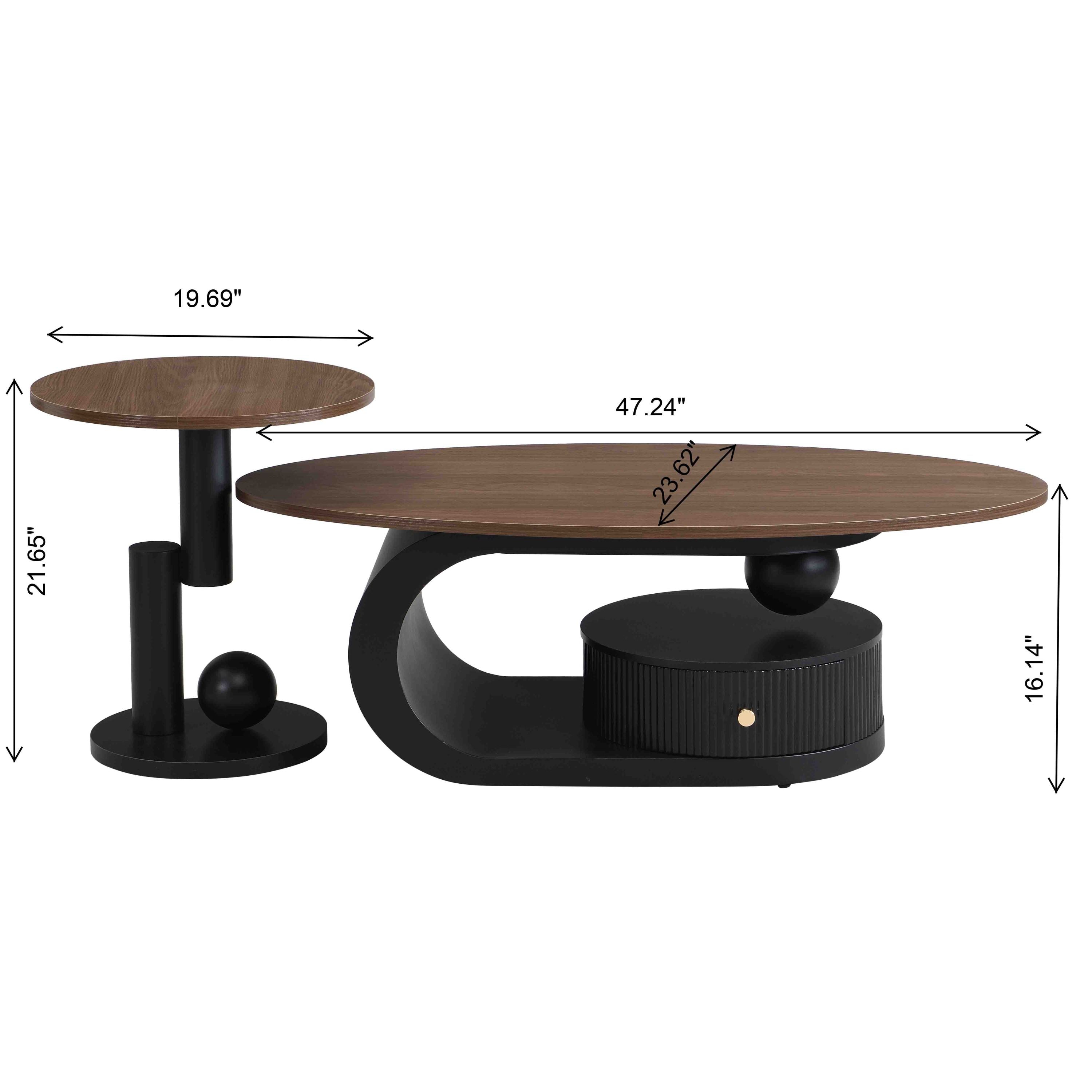 Luxury Nesting Coffee Table Set of 2,  Tables with Storage for Living Room, Oval and Round Table Set, Black Center Table, Cocktail Table, Side Table,  Large 47.24'', Small 19.69''