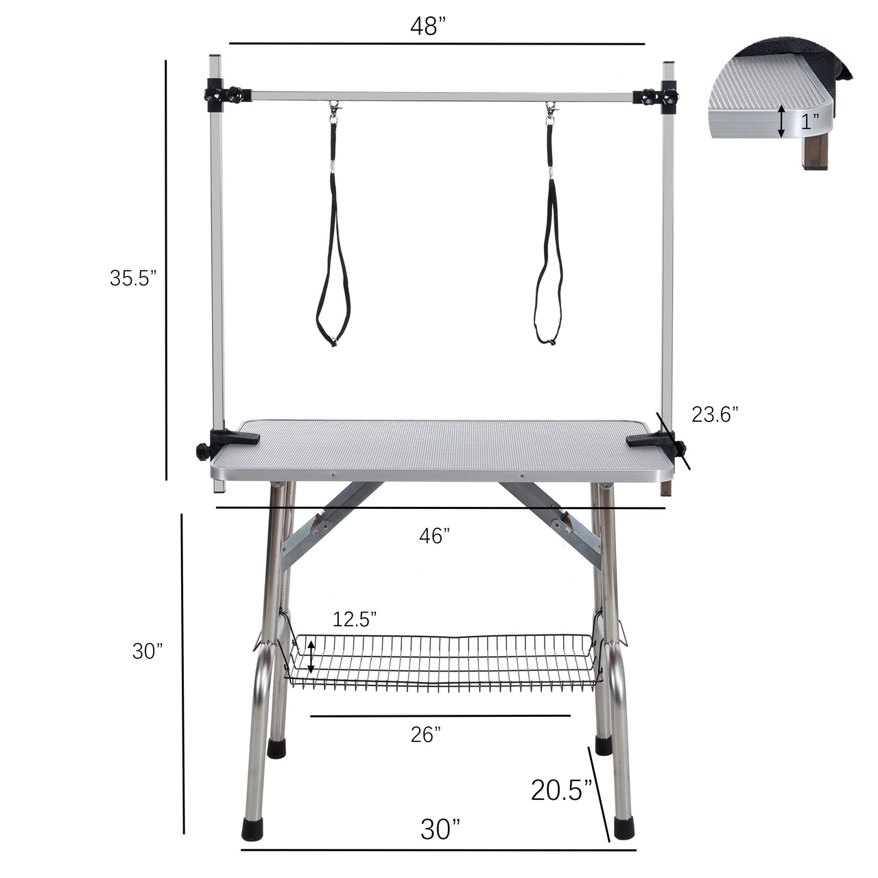 46' Folding Dog Pet Grooming Table Stainless Steel Frame Rubber Mat on Board with Adjustable Arm and Clamps pet dog Cat Grooming Table (SILVER-GRAY COLOR)