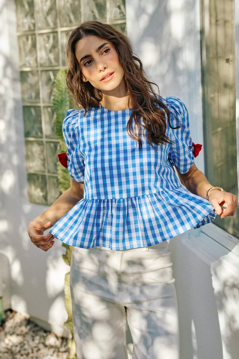 SO ME 4th Of July Gingham Ribbon Detail Short Sleeves Blouse