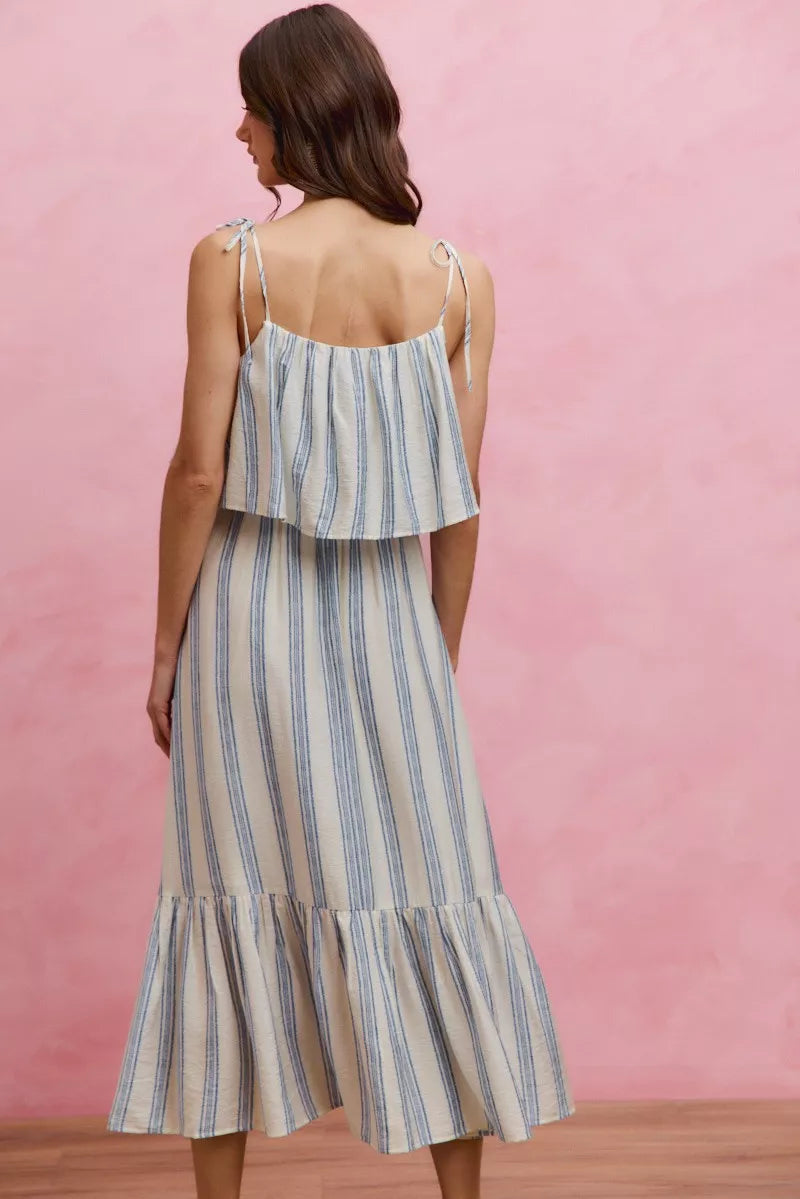 SO ME Stripe Tiered Shoulder Tie Midi Lined Dress