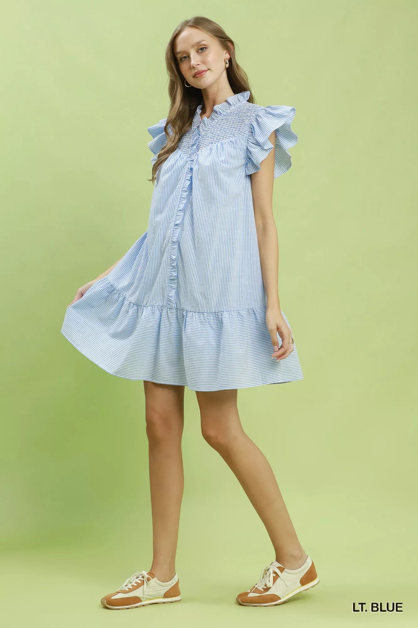 Umgee Stripe Smocked Yoke Ruffle Dress