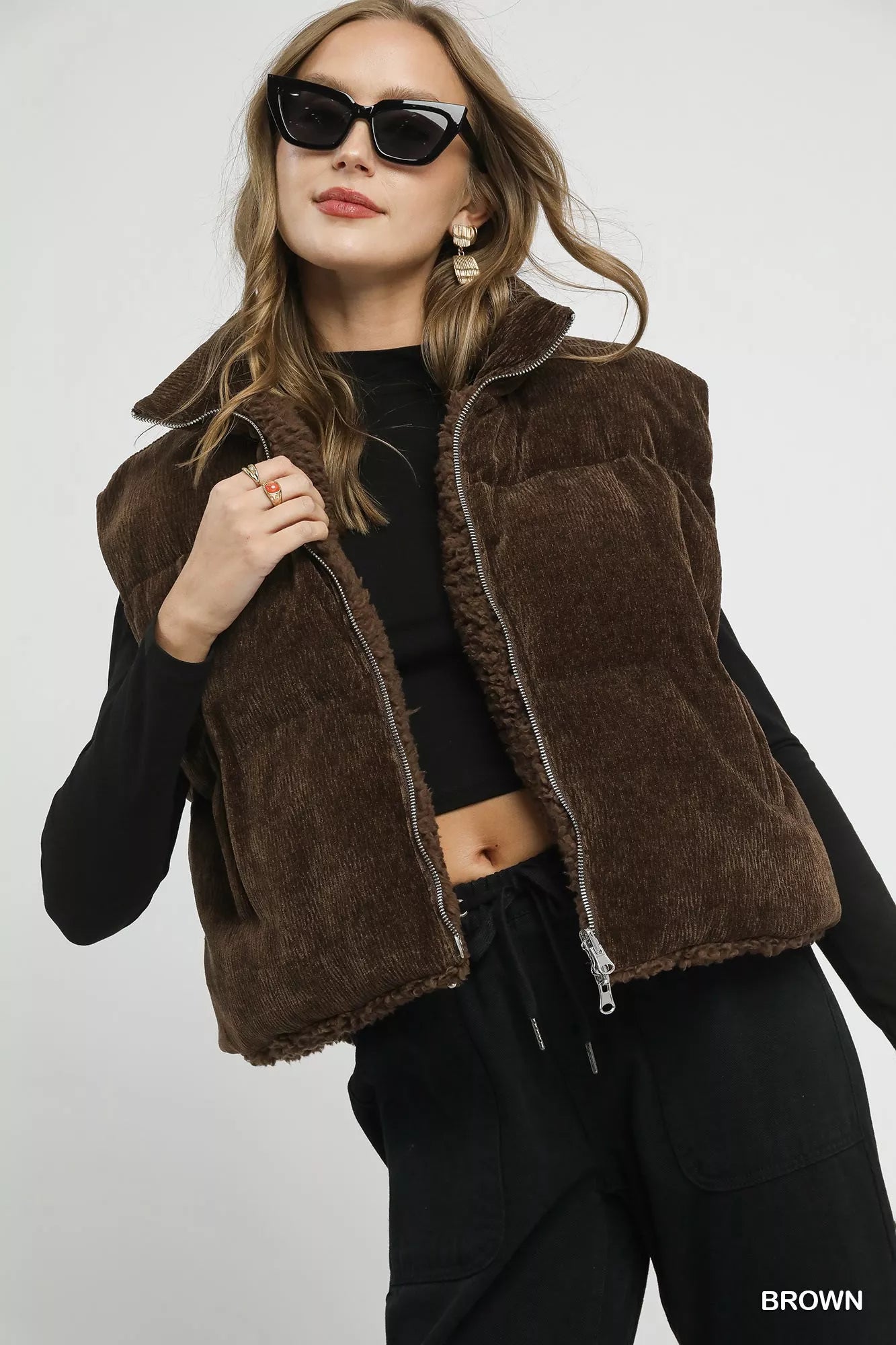 Umgee Sherpa-Lined Zip Vest with Drawstring Hem