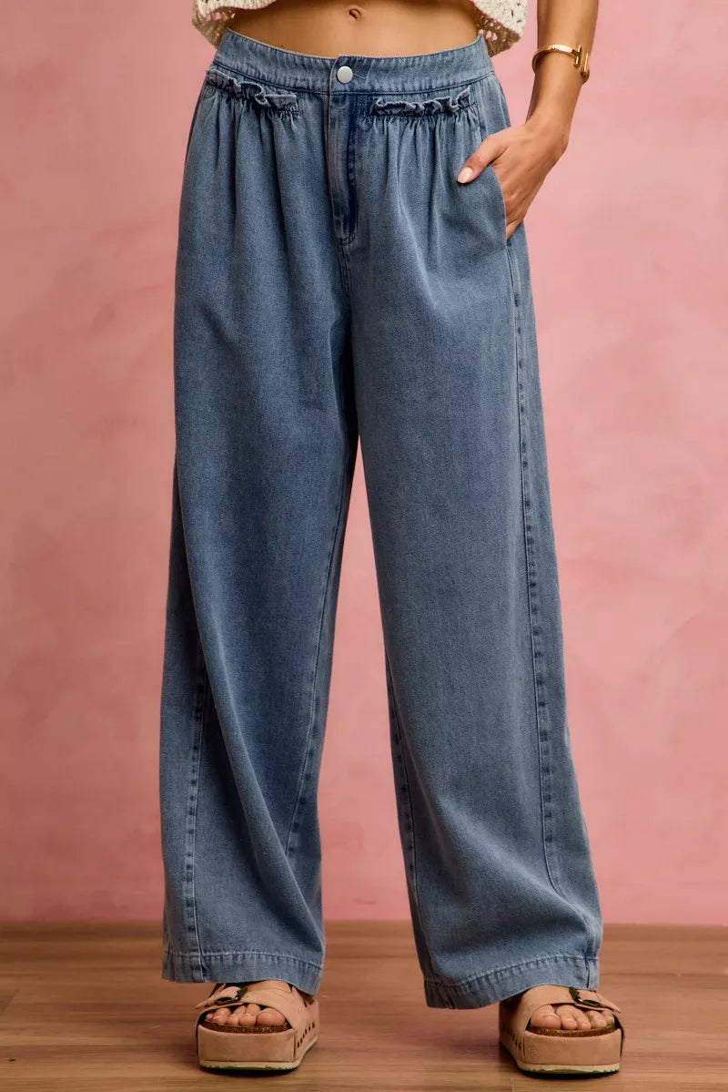 SO ME Mid Rise Ruffled Front Elastic Wide Leg Jeans