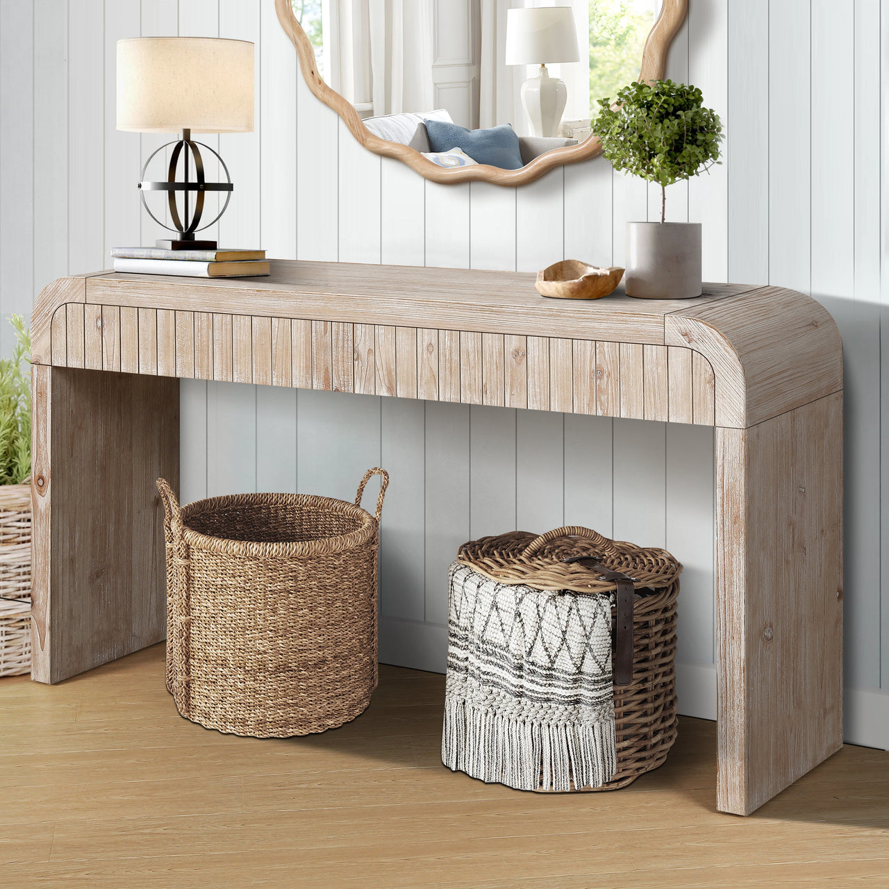 59'' Vintage Crafted Entryway Table,Two Hidden Handle Drawers,Farmhouse Console Table ,Easy Assembly,for Entrance & Dinning Room & Living Room & Hallway (Natural Wood)