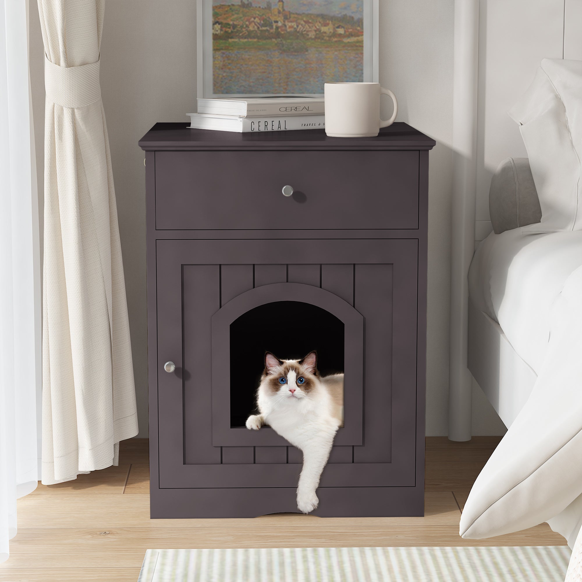 Brown Wooden Pet House Cat Litter Box Enclosure with Drawer, Side Table, Indoor Pet Crate, Cat Home Nightstand