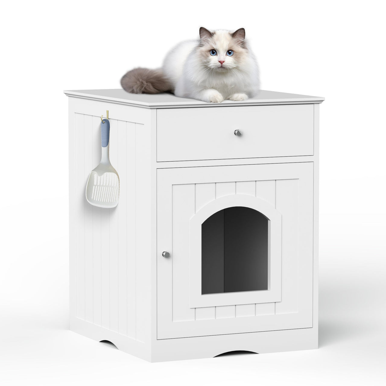 White Wooden Pet House Cat Litter Box Enclosure with Drawer and Side Table, Indoor Cat Home Nightstand for Small Cats, MDF Construction, 18.9'' W x 20.9'' D x 25'' H
