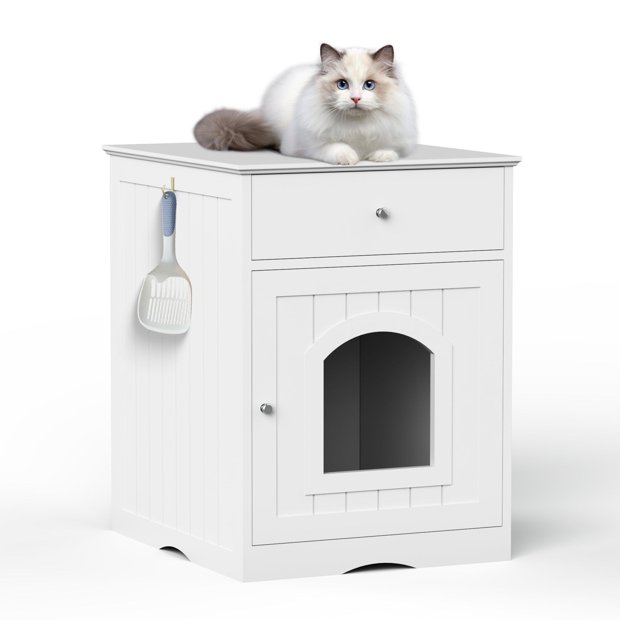 White Wooden Pet House Cat Litter Box Enclosure with Drawer and Side Table, Indoor Cat Home Nightstand for Small Cats, MDF Construction, 18.9'' W x 20.9'' D x 25'' H