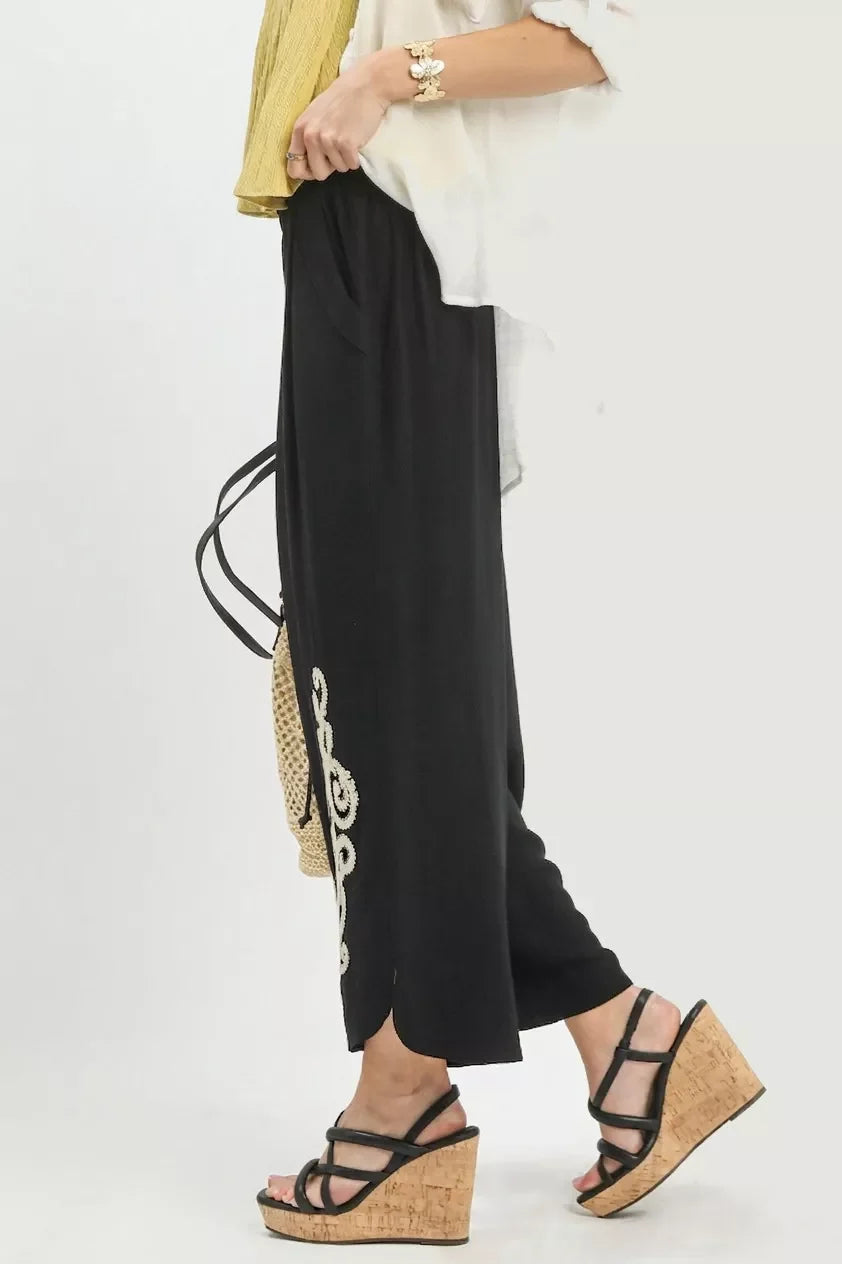 Umgee Linen Embroidered Wide-Leg Boho Pants