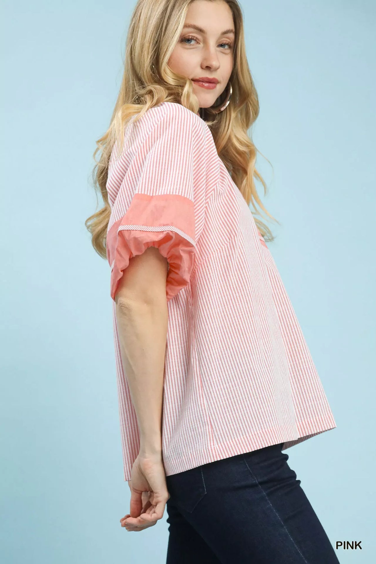 Umgee Striped Mixed Puff Sleeve Blouse
