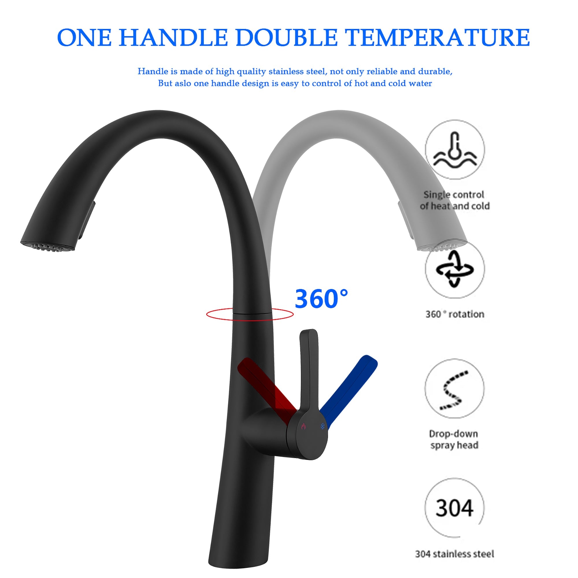 Matte Black High-Arc Stainless Steel Pull Out Kitchen Faucet with Dual Modes and 360-Degree Rotation