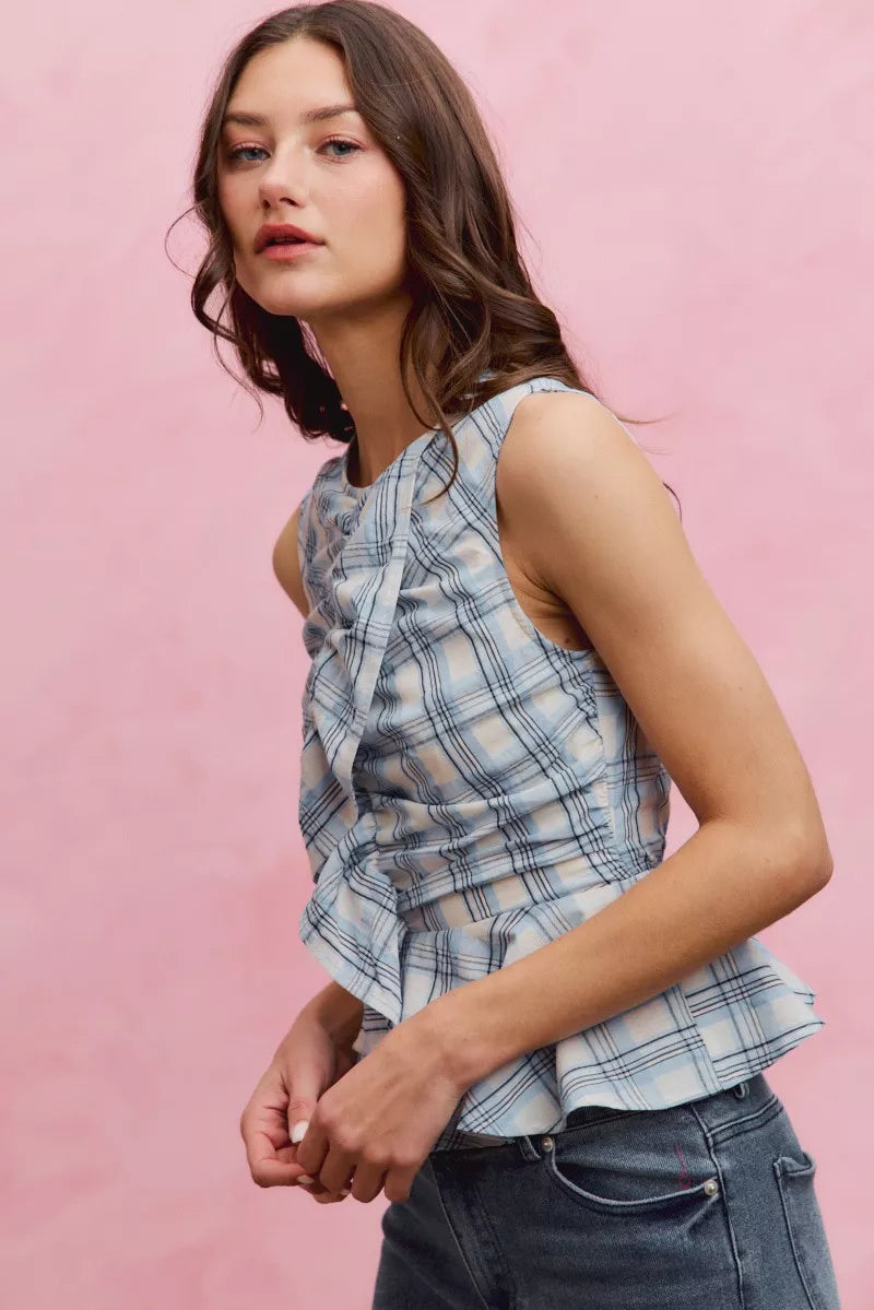 SO ME Plaid Sleeveless Ruffle Peplum Top