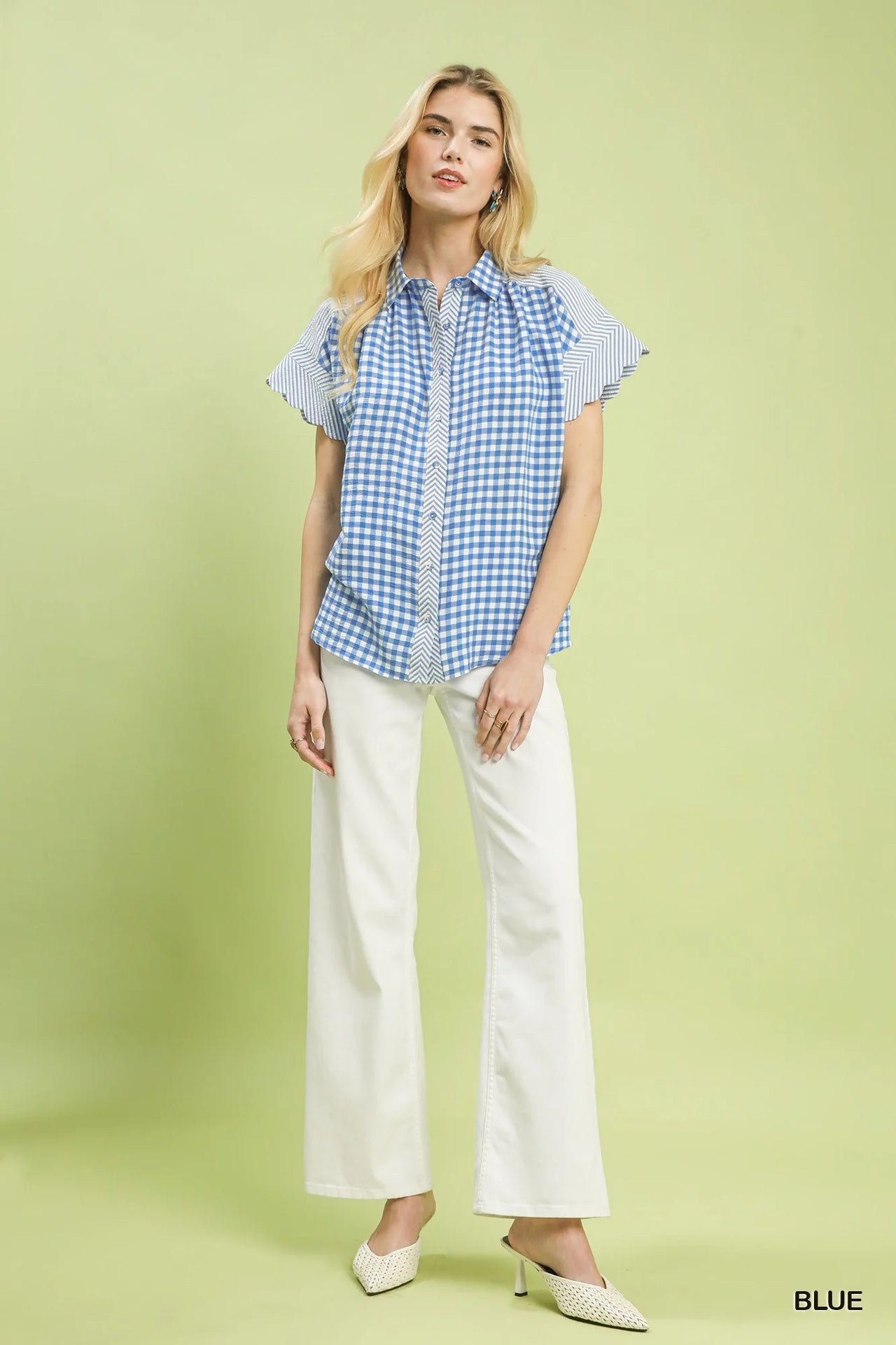 Umgee Mixed Gingham Short Sleeve Shirt