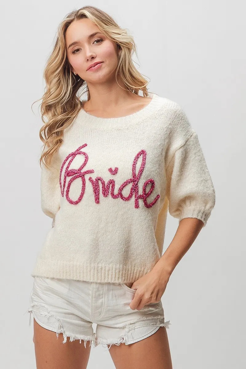 BiBi Metallic Letter Short Puff Sleeve Hairy Sweater