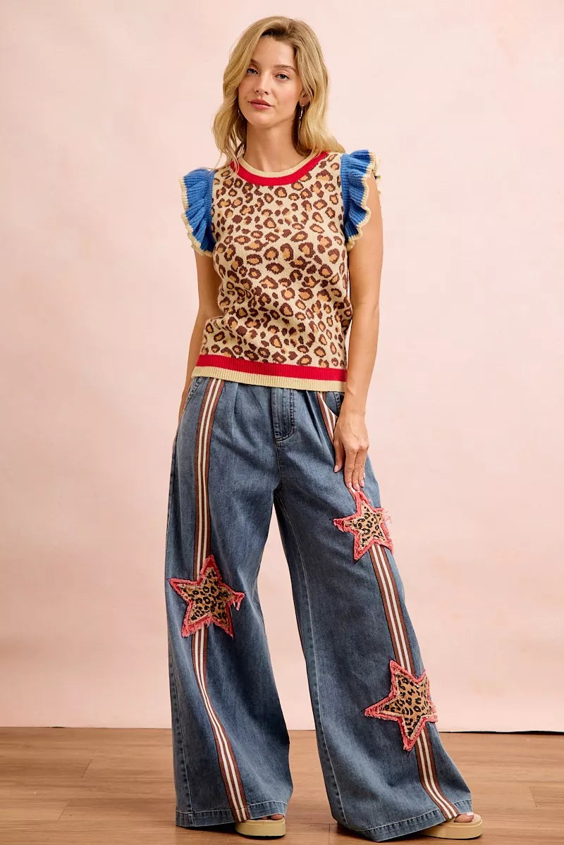 BiBi 4th Of July Leopard Ruffled Detail Knit Top