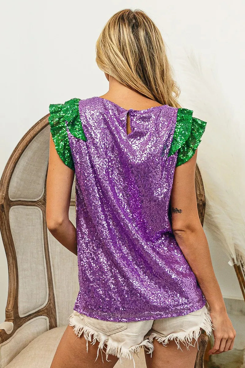BiBi Mardi Gras Sequin Color Block Ruffled  Top
