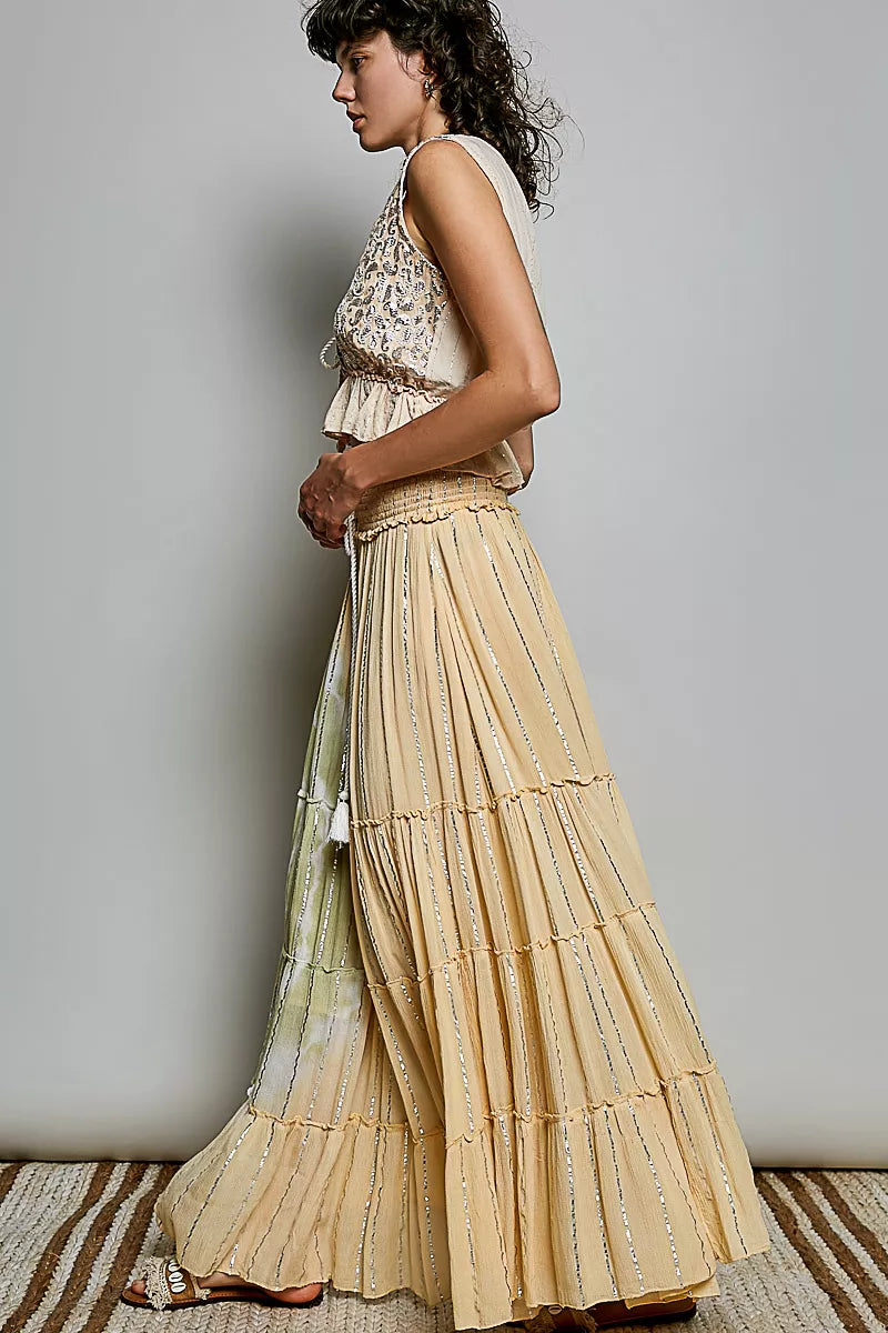 POL Shimmer Tiered Reverse Ruffle Smocked Waist Maxi Skirt