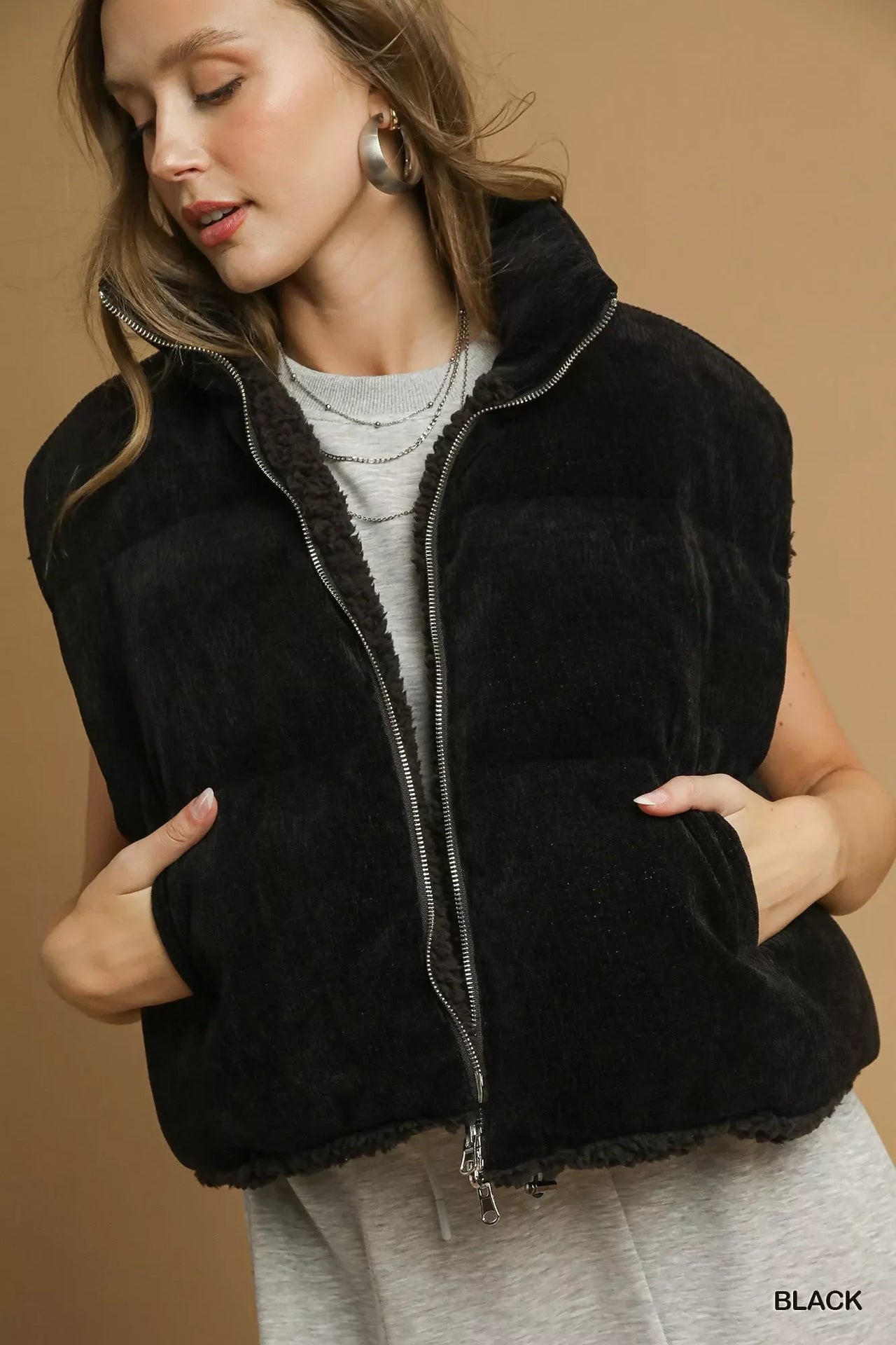 Umgee Sherpa-Lined Zip Vest with Drawstring Hem
