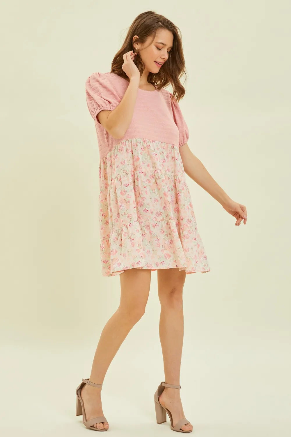 HEYSON Full Size Round Neck Floral Ruffle Hem Mini Dress