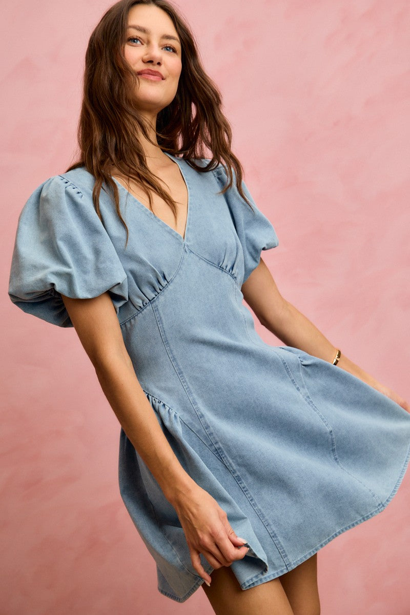 SO ME Bubble Sleeves Denim Fit And Flare Mini Dress