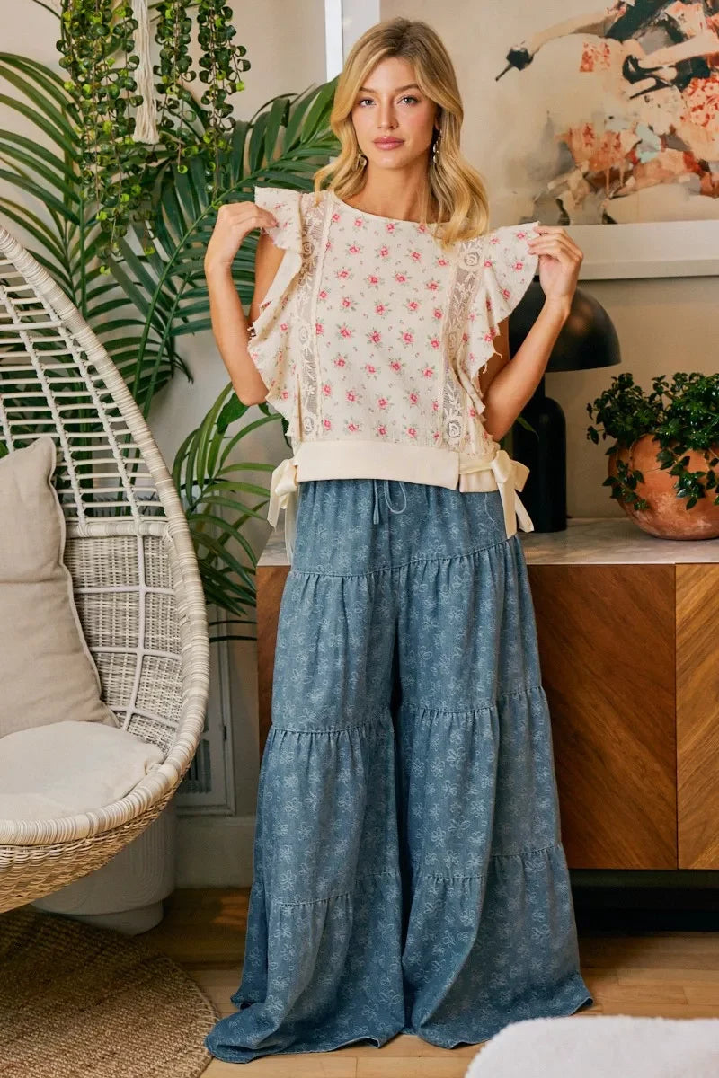 BiBi Flower Printed Ruffle Sleeve Trim Detail Top