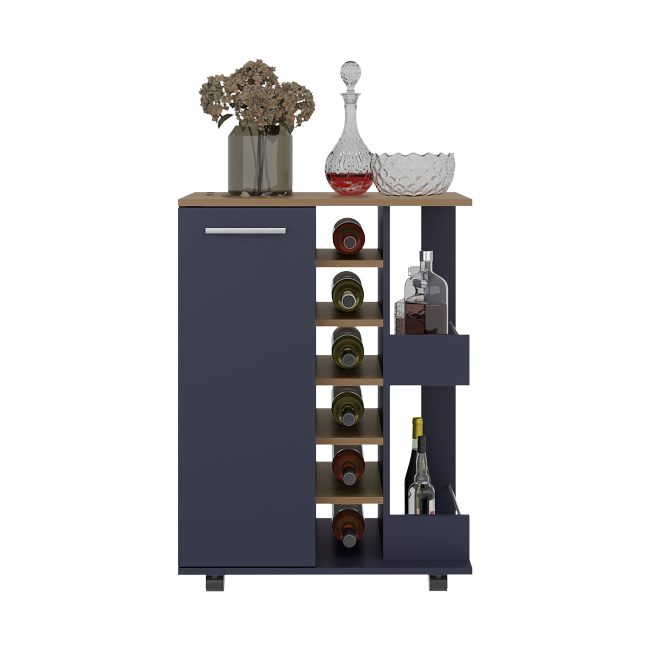 Carefree bar cabinet, bottle racks, double side shelves, modern design in Kronos Ash and Kronos Blue.