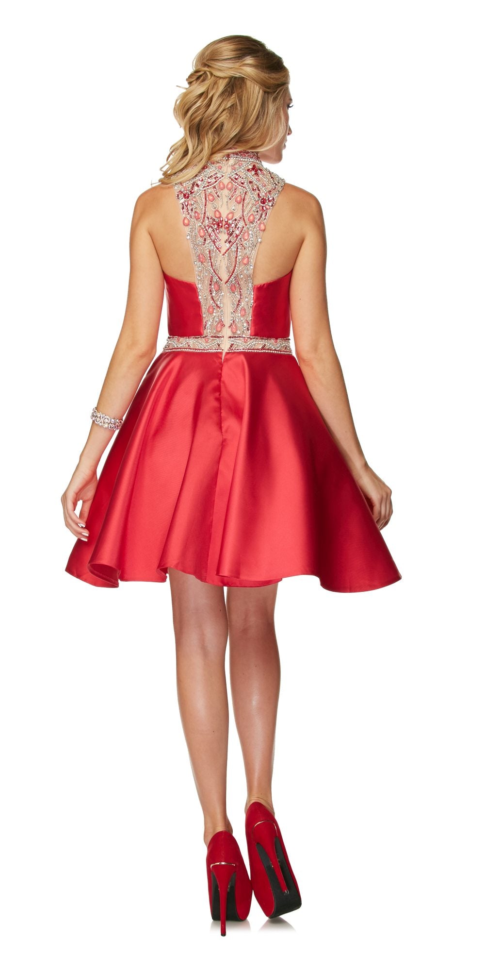 Juliet 770 High Beaded Neckline Sleeveless Short A-Line Satin Dress