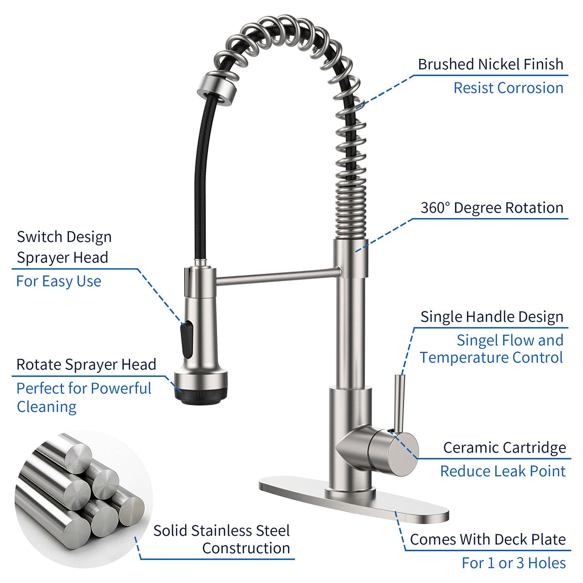 Kitchen Faucet with Pull Down Sprayer and 4 Spraying Modes Single Handle Commercial Spring Kitchen Sink Faucet Brushed Nickel 1 or 3 Hole