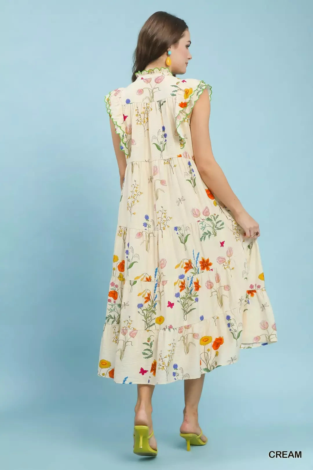 Umgee Floral Ruffle Tiered Midi Dress with Scalloped Detail