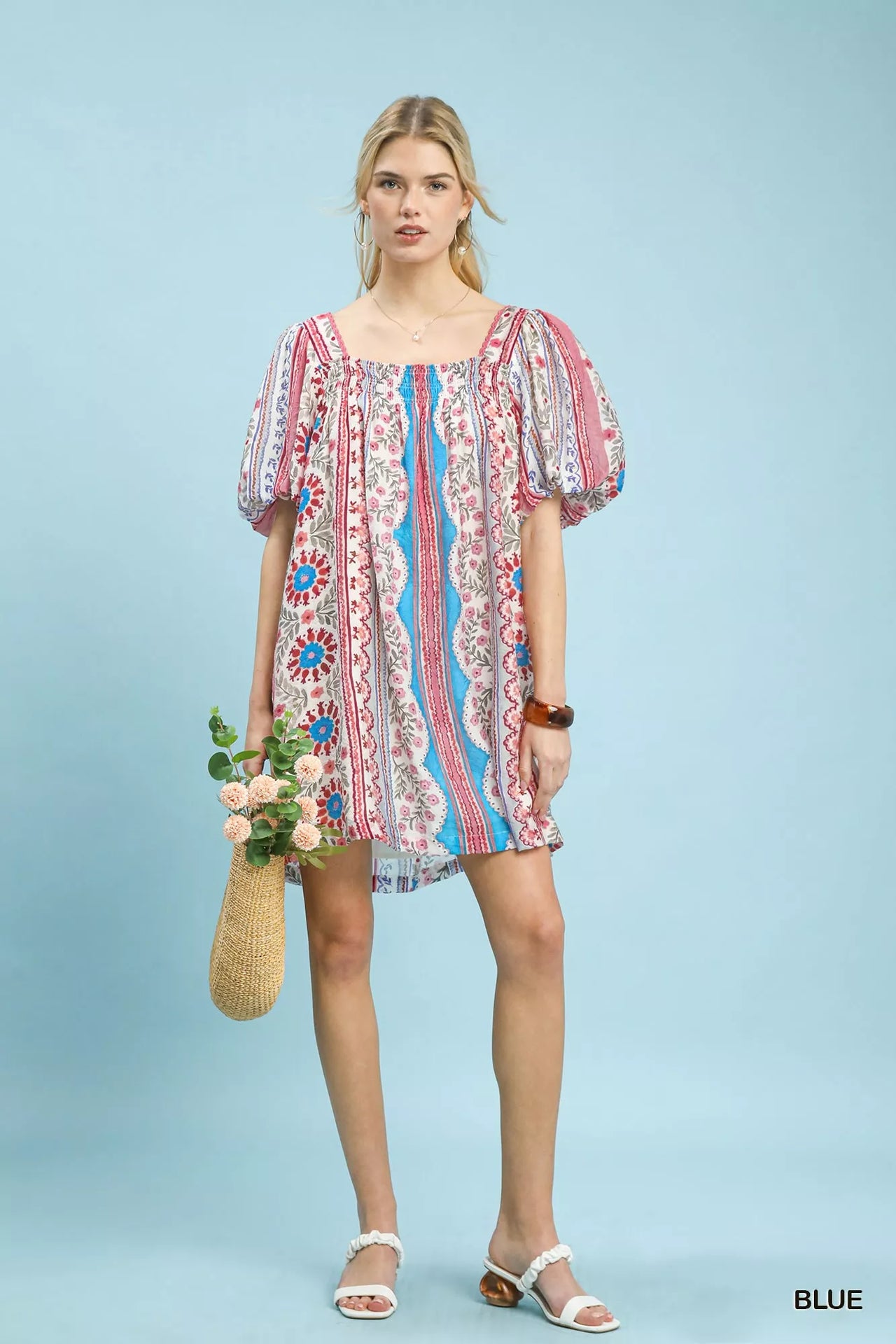 Umgee Mixed Print Puff Sleeve Mini Dress