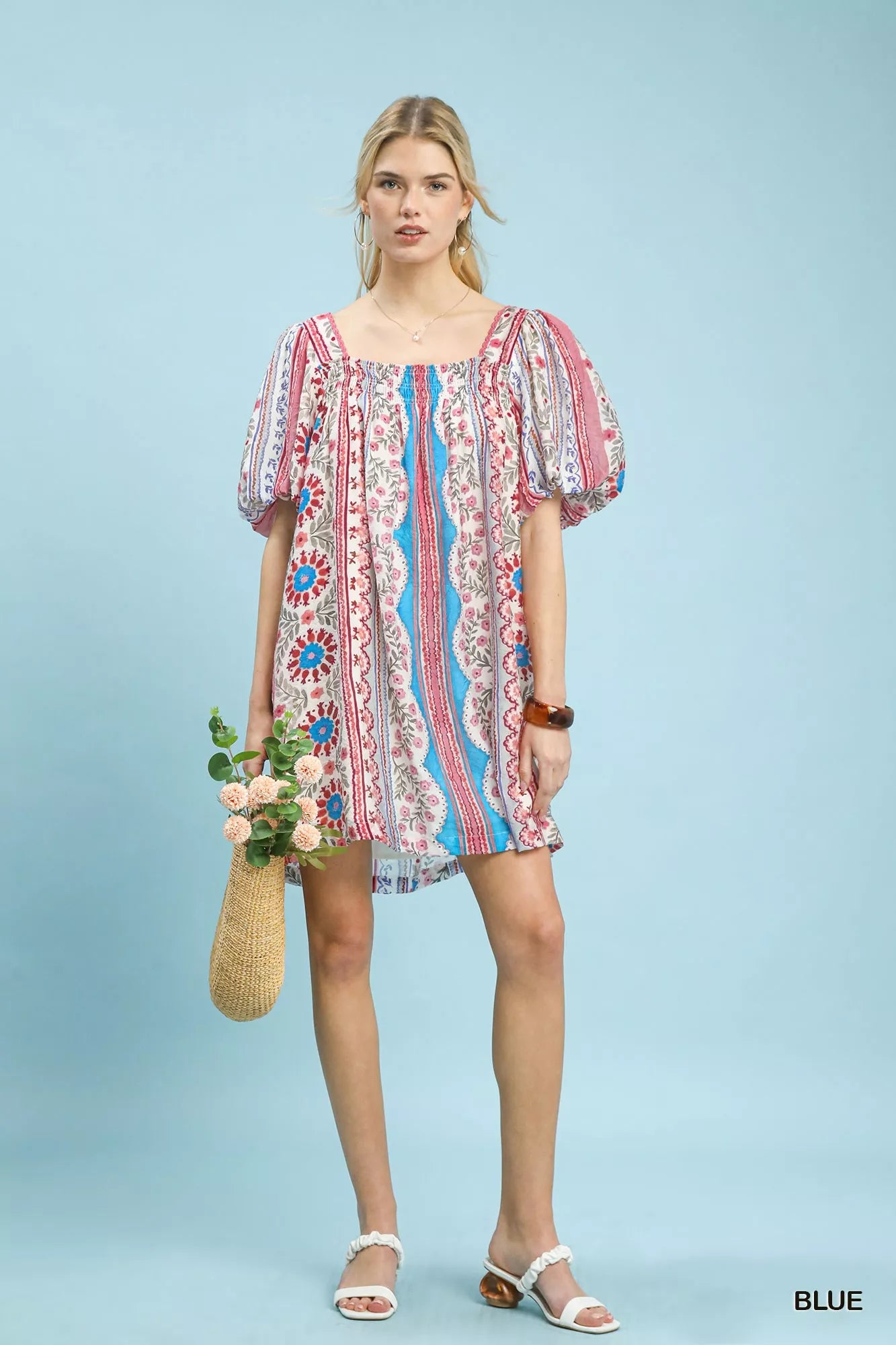 Umgee Mixed Print Puff Sleeve Mini Dress