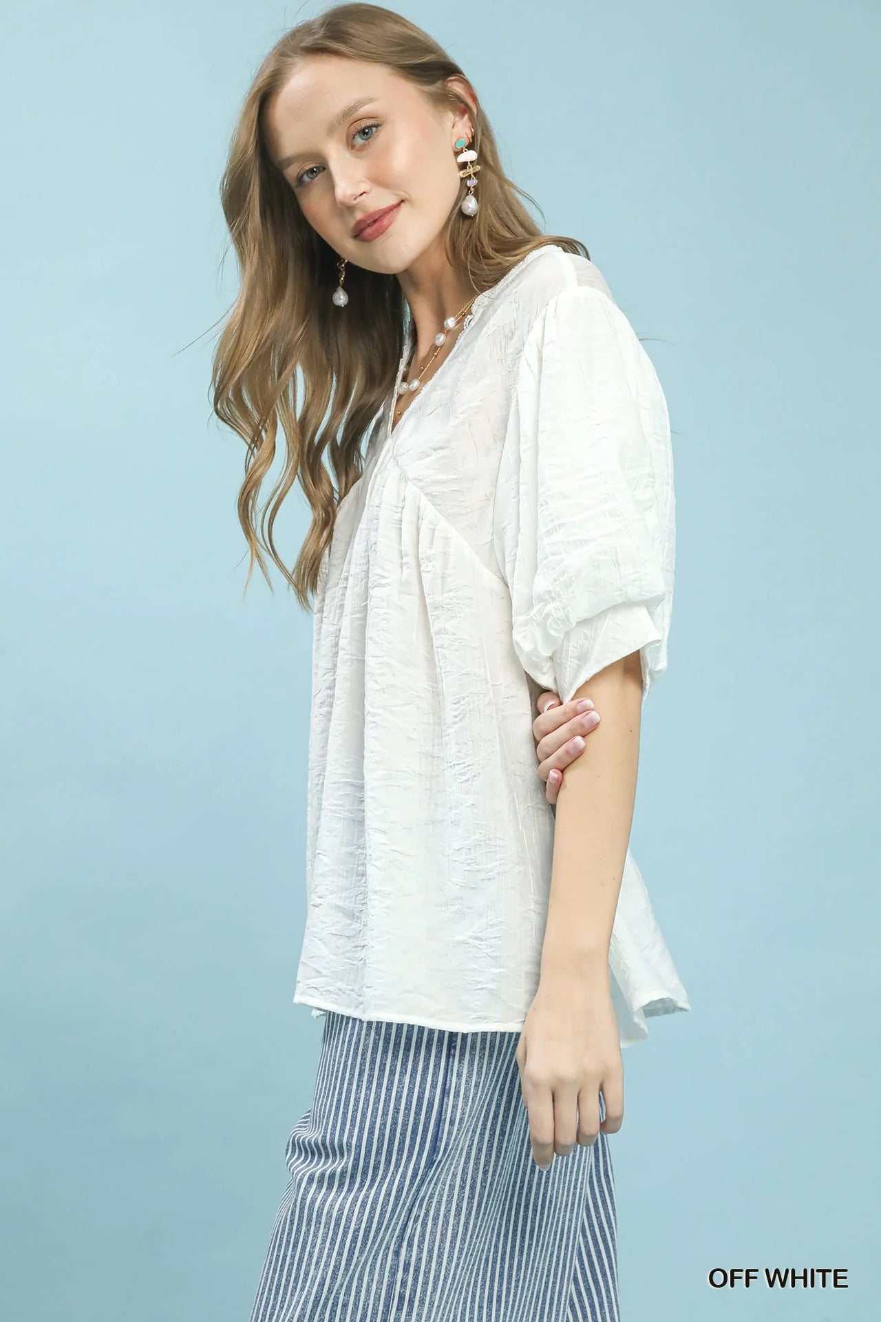 Umgee Textured Lace Trim V-Neck Boho Blouse