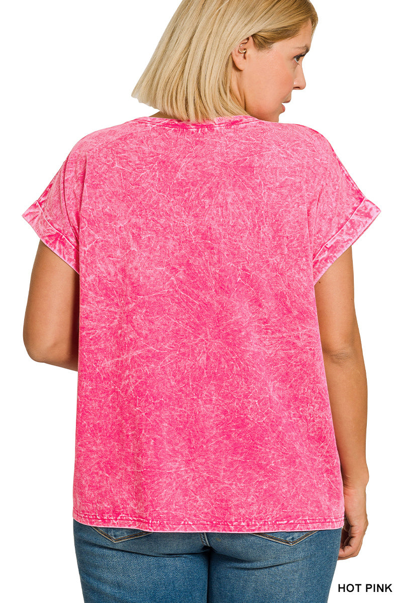 Zenana Full Size Crinkle Washed Round Neck Folded Short Sleeve Tee Plus Size