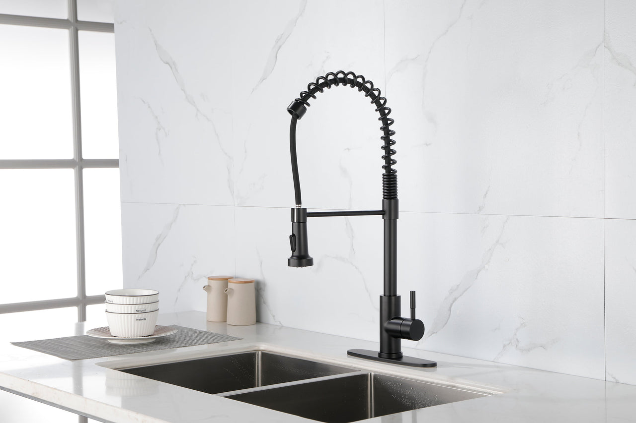 Spring kitchen faucet with pull-out sprayer, stainless steel single handle single hole kitchen sink faucet
