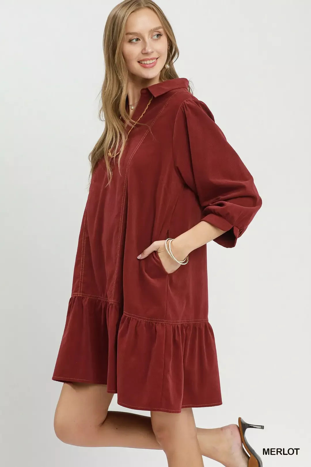Umgee Corduroy Contrast Trim Tiered Babydoll Dress