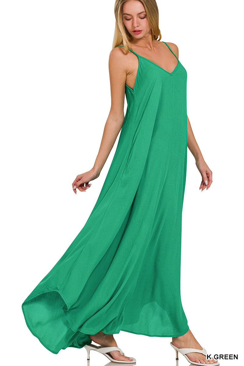 Zenana Woven Crinkle Cami Maxi Dress with Side Pockets