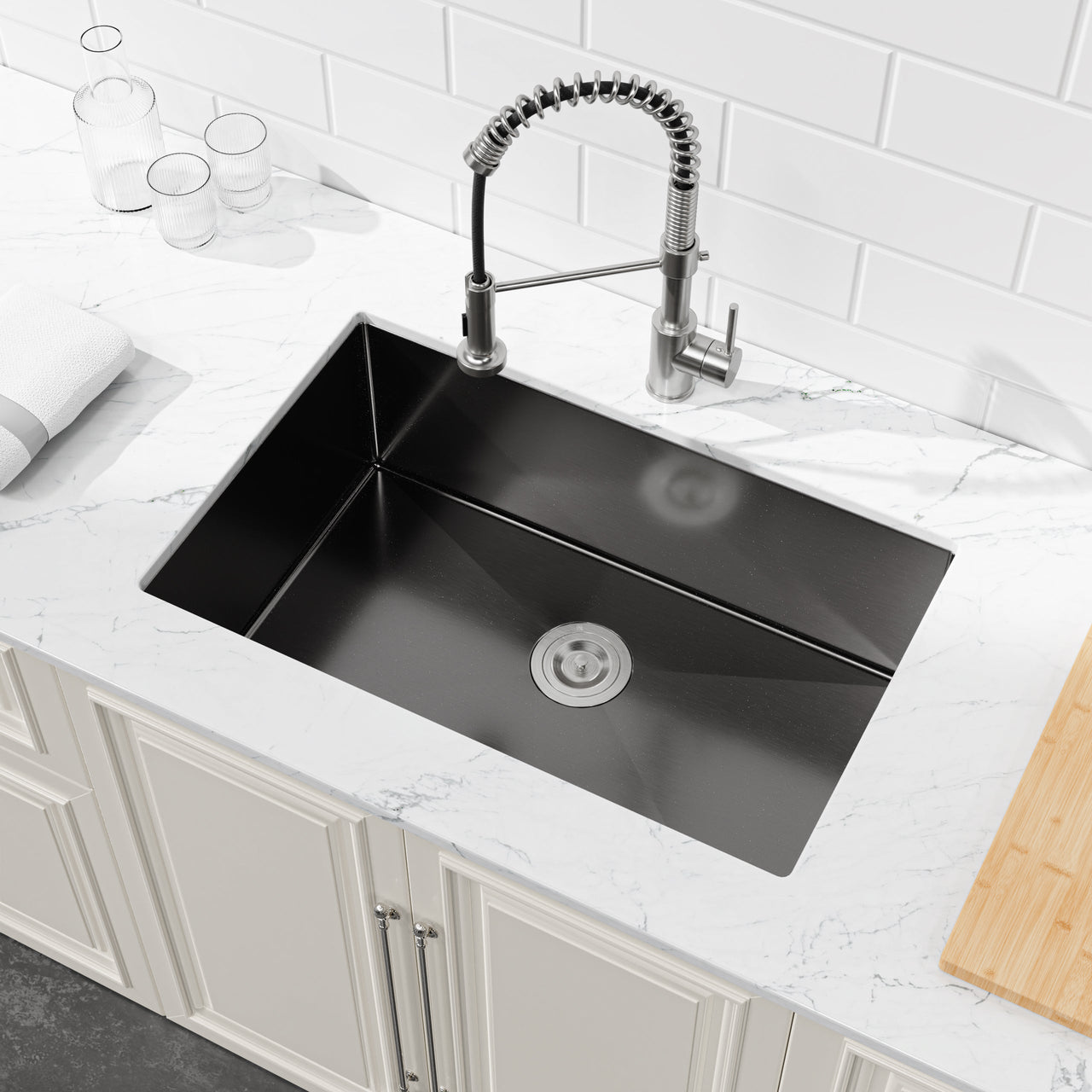 Stainless Steel Kitchen Sink, 30″x19″ Single Bowl, Undermount HandmadeSink in Black, with US Standard Drain and Hook, SS-BL-05
